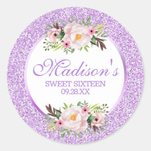 Pegatina Redonda Glitter Morado Floral Dulce 16 de Moda