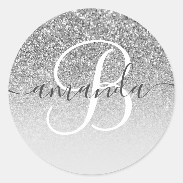 Pegatina Redonda Glitter Ombre Monogramado Gris Plateado (Anverso)