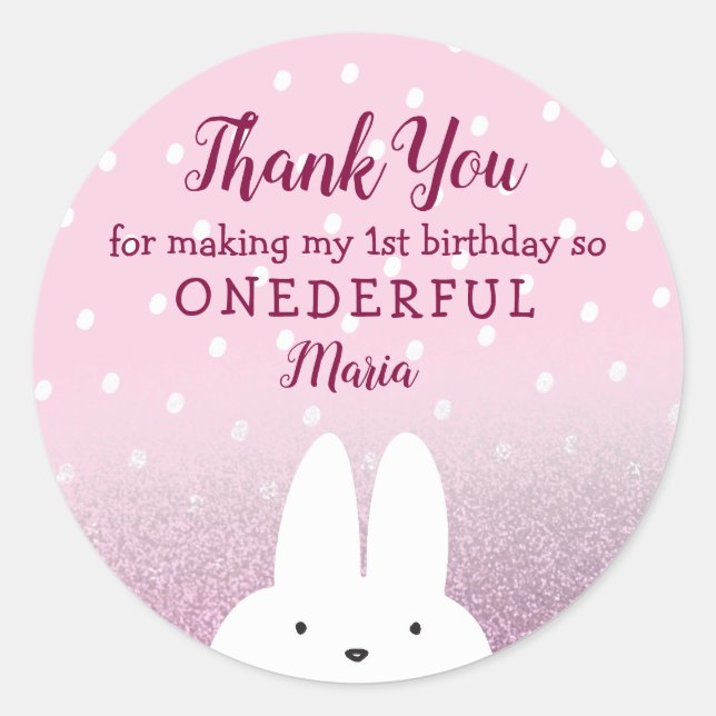 Pegatina Redonda Glitter Rosa Conejito Onederland 1er (Anverso)