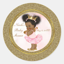 Pegatina Redonda Glitter Rosa Dorado Princesa Vintage Bebé Niña Neg