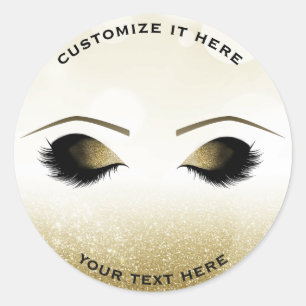 Pegatina Redonda Glitter Sparkle Gold Makeup Eyelashes Glam Custom