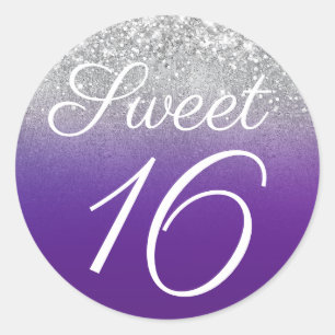 Pegatina Redonda Glittery Plata y Royal Purple Ombre Sweet 16