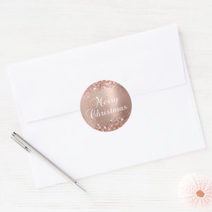Pegatina Redonda Glittery Rose Gold Glam Gradiente Feliz Navidad