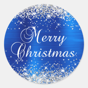 Pegatina Redonda Glittery Silver y Royal Blue Feliz Navidad