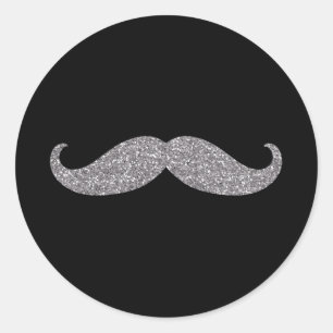 Pegatina Redonda Glitz Mustache de plata negra