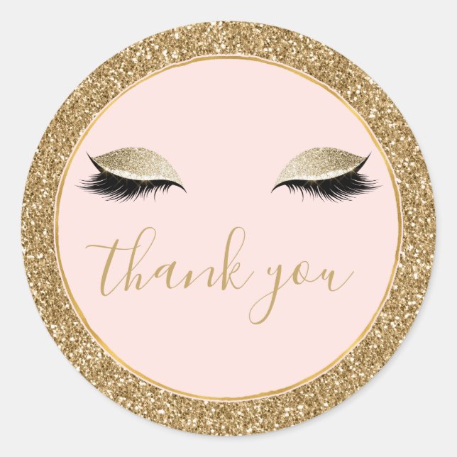 Pegatina Redonda Glitzy Gold Black Eyelashes Gracias (Anverso)