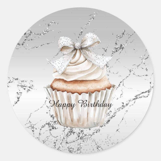 Pegatina Redonda Glitzy Silver White Cupcake Bow Birthday (Anverso)
