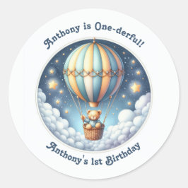 Pegatina Redonda Globo Aerostático Maravilloso Cumpleaños Uno