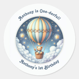 Pegatina Redonda Globo Aerostático Maravilloso Cumpleaños Uno
