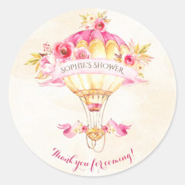 Pegatina Redonda Globo aerostático rosado, dorado, amarillo y rosas