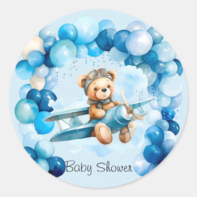 Pegatina Redonda Globo azul Teddy Bear Airplane Boy Baby Shower (Anverso)