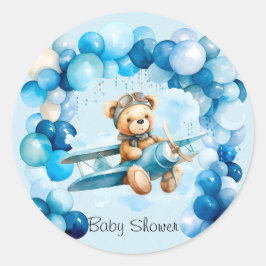 Pegatina Redonda Globo azul Teddy Bear Airplane Boy Baby Shower