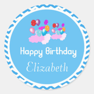 Pegatina Redonda globo colorido feliz cumpleaños chevron azul