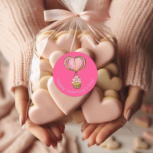 Pegatina Redonda Globo de aire caliente Feliz Día de San Valentín (Subido por el creador)