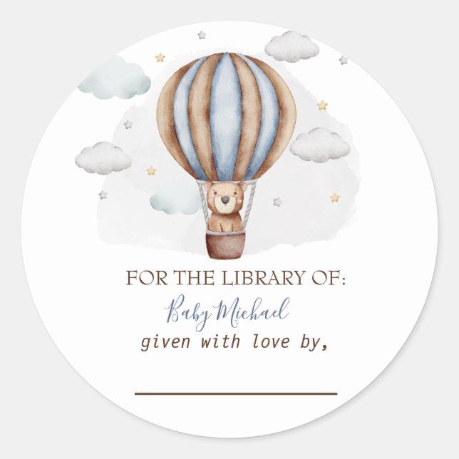 Pegatina Redonda Globo de aire caliente Teddy Bear Nubes Baby Showe (Anverso)