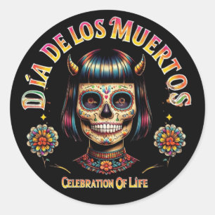 Pegatina Redonda Globo de Calavera de Azúcar del Día de los Muertos