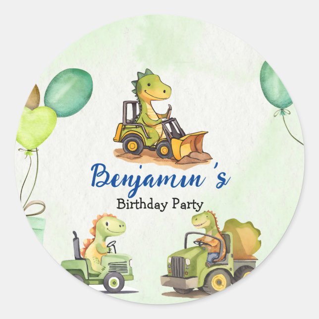 Pegatina Redonda Globo de camión de construcción de dinosaurios Cub (Anverso)