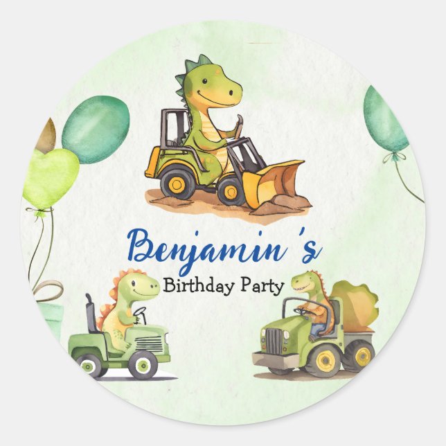 Pegatina Redonda Globo de camión de construcción de dinosaurios Cub (Anverso)