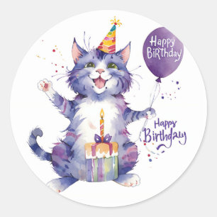 Pegatina Redonda Globo de cumpleaños de gato morado de cute - Cumpl