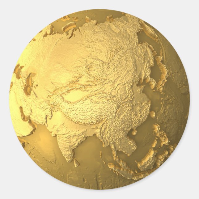 Pegatina Redonda Globo de oro - Tierra Metalizado, Asia, 3d Render (Anverso)