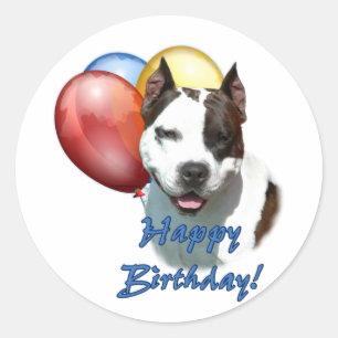 Pegatina Redonda Globo del feliz cumpleaños de AmStaff