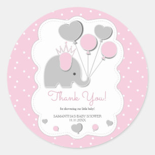 Pegatina Redonda Globo Elefante Rosa Shower Bebé Niña