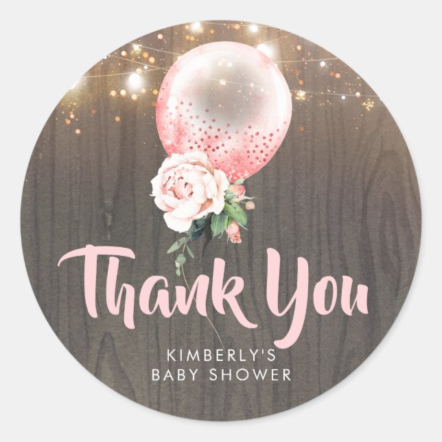 Pegatina Redonda Globo floral rosa Garland Rustic Baby Shower (Anverso)