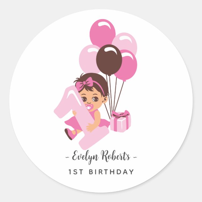 Pegatina Redonda Globo Rosa Cumpleaños Uno Bebé Niña (Anverso)