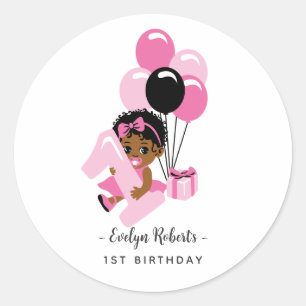 Pegatina Redonda Globo Rosa Niña Negra Primer Cumpleaños