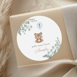 Pegatina Redonda Globo verde Teddy Bear primer cumpleaños Neutral