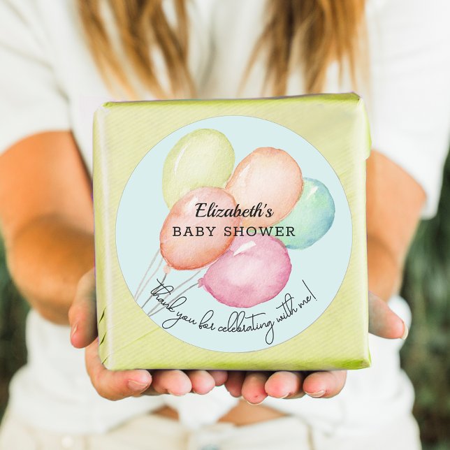 Pegatina Redonda Globos acuarelas en Baby Shower Blue Boy (Watercolor balloons on blue boy baby shower round favor stickers)