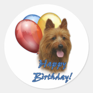Pegatina Redonda Globos Aussie Terrier Happy Birday