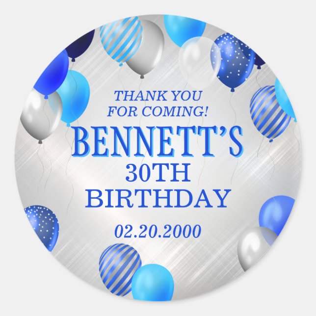 Pegatina Redonda Globos azules de cumpleaños (Anverso)