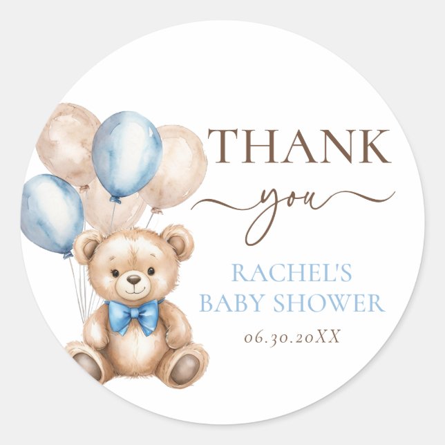 Pegatina Redonda Globos Cute Teddy Bear | Baby Shower Blue Boy (Anverso)