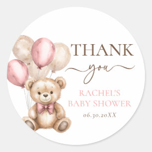 Pegatina Redonda Globos Cute Teddy Bear Baby Shower Chica rosa