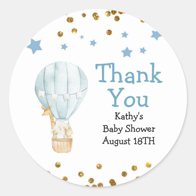 Pegatina Redonda Globos de aire caliente Animales Baby Shower Graci (Anverso)