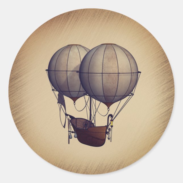 Pegatina Redonda Globos de aire caliente de Steampunk con barco (Anverso)