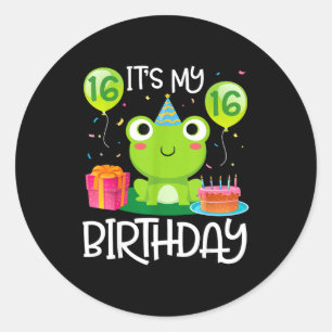 Pegatina Redonda Globos de baile de rana pastel feliz 16 años cumpl