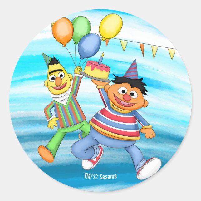 Pegatina Redonda Globos de Bert y Ernie Birthday (Anverso)