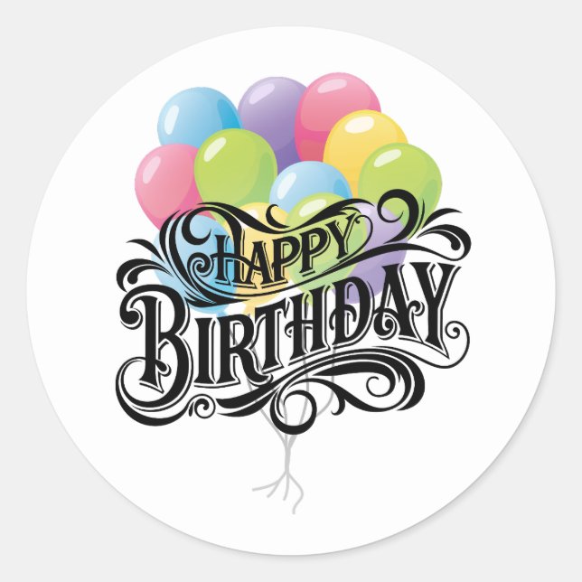 Pegatina Redonda Globos de cartas retro feliz cumpleaños (Anverso)