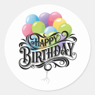 Pegatina Redonda Globos de cartas retro feliz cumpleaños