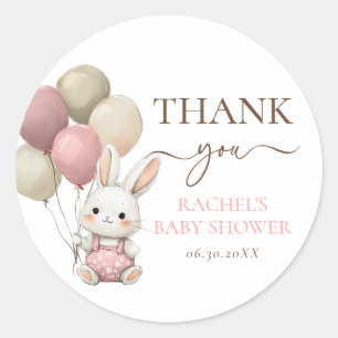 Pegatina Redonda Globos de conejo lindo   Baby Shower Chica rosa