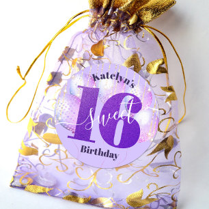 Pegatina Redonda Globos de cumpleaños 16 Sweet Script Purpura Brill