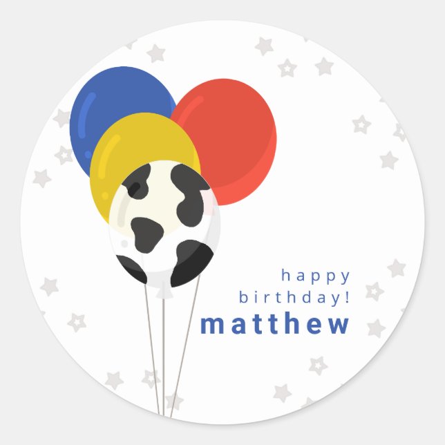 Pegatina Redonda Globos de cumpleaños con estampado de vaca granja (Anverso)