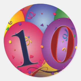 Pegatina Redonda ¡Globos de cumpleaños de 10 años!