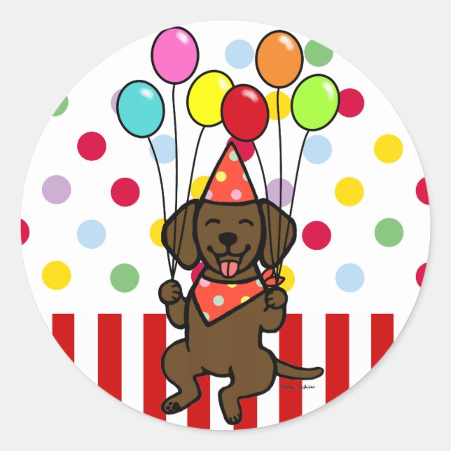 Pegatina Redonda Globos de cumpleaños de Chocolate Lab Cachorro (Anverso)