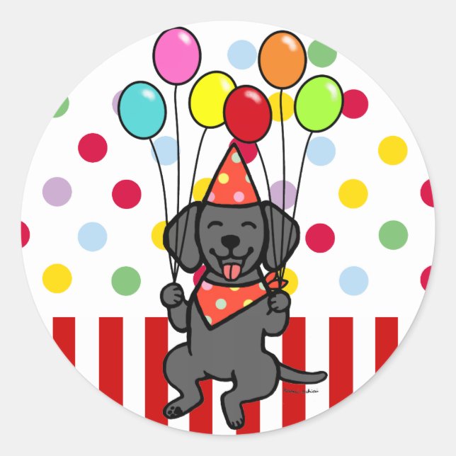 Pegatina Redonda Globos de cumpleaños del Black Lab Puppy (Anverso)