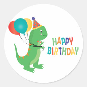 Pegatina Redonda Globos de dinosaurios de cumpleaños felices
