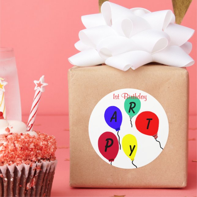 Pegatina Redonda Globos de la primera fiesta de cumpleaños (Fiesta)