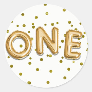 Pegatina Redonda Globos de Oro y Confeti Cumpleaños UNO 1er Partido